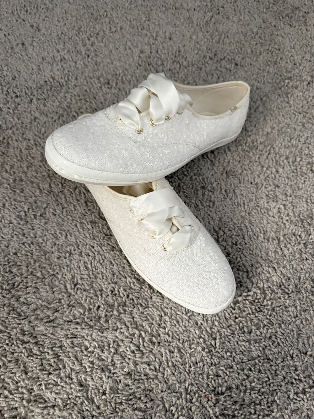 Women's White Sequin Lace-Up Sneakers with Satin Ribbon Laces